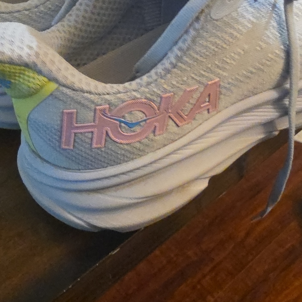 Hoka women's light gray running shoes with pink logo and blue accents - Picture 2 of 8